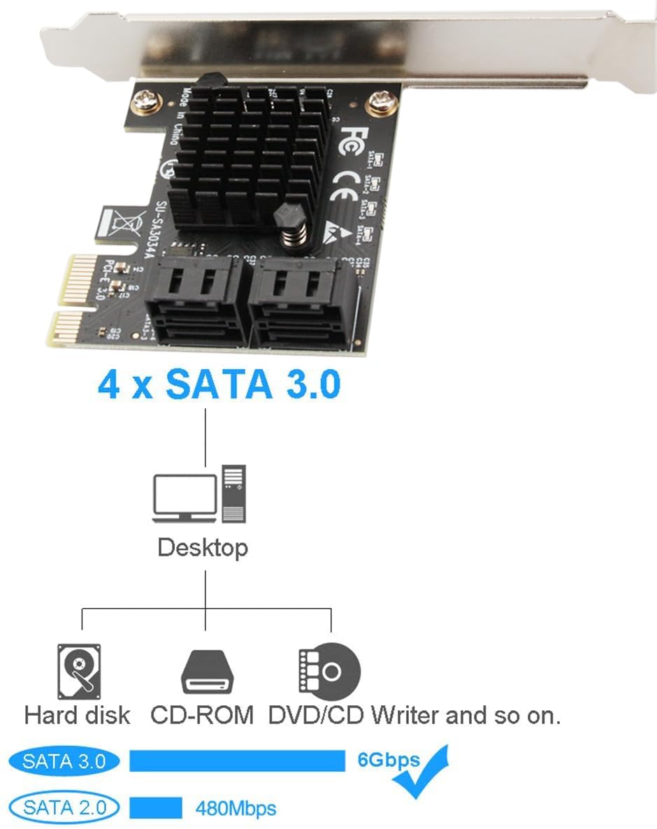 SATA Card PCIE 3.0, 4 Port with 4 Cables, Controller Expansion Card with Low Profile Bracket, Non-Raid, Boot as System Disk, Support 4 SATA 3.0 Devices