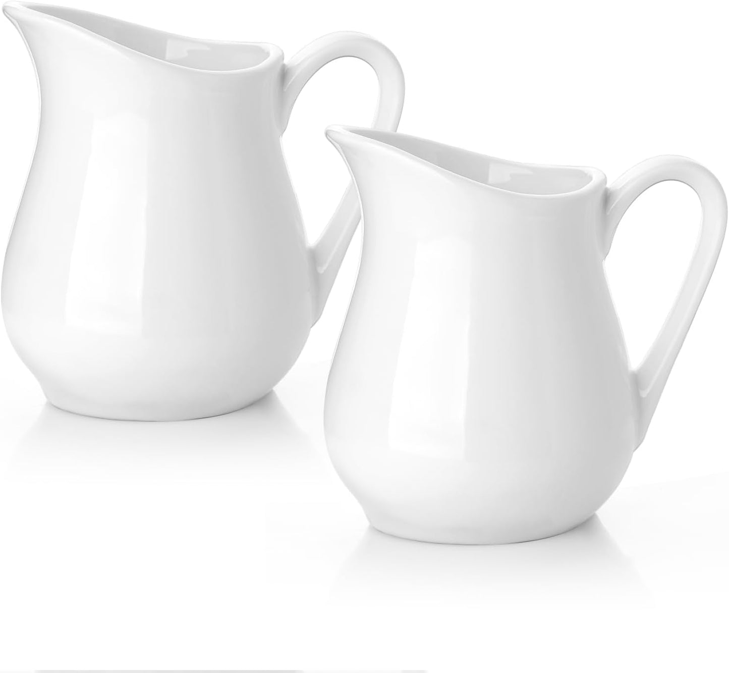 Nucookery Ceramic 4 Oz Creamer Pitcher Set, 2 Pack Creamer Container, White Small Milk Pitcher Container Cups with Handle For Sauces Salad Coffee Milk, Microwave & Freezer Safe, Set of 2
