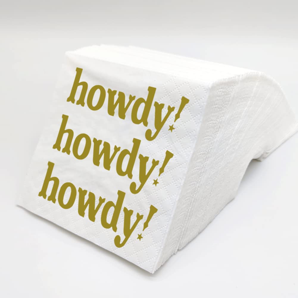 SharkBliss Howdy Cocktail Napkins, 100 Pack Howdy Paper Cocktail Napkins for Western Cowgirl Disco Last Rodeo Nashville Bachelorette Bridal Shower Table Decor | 2-Ply, 5x5" (Gold)
