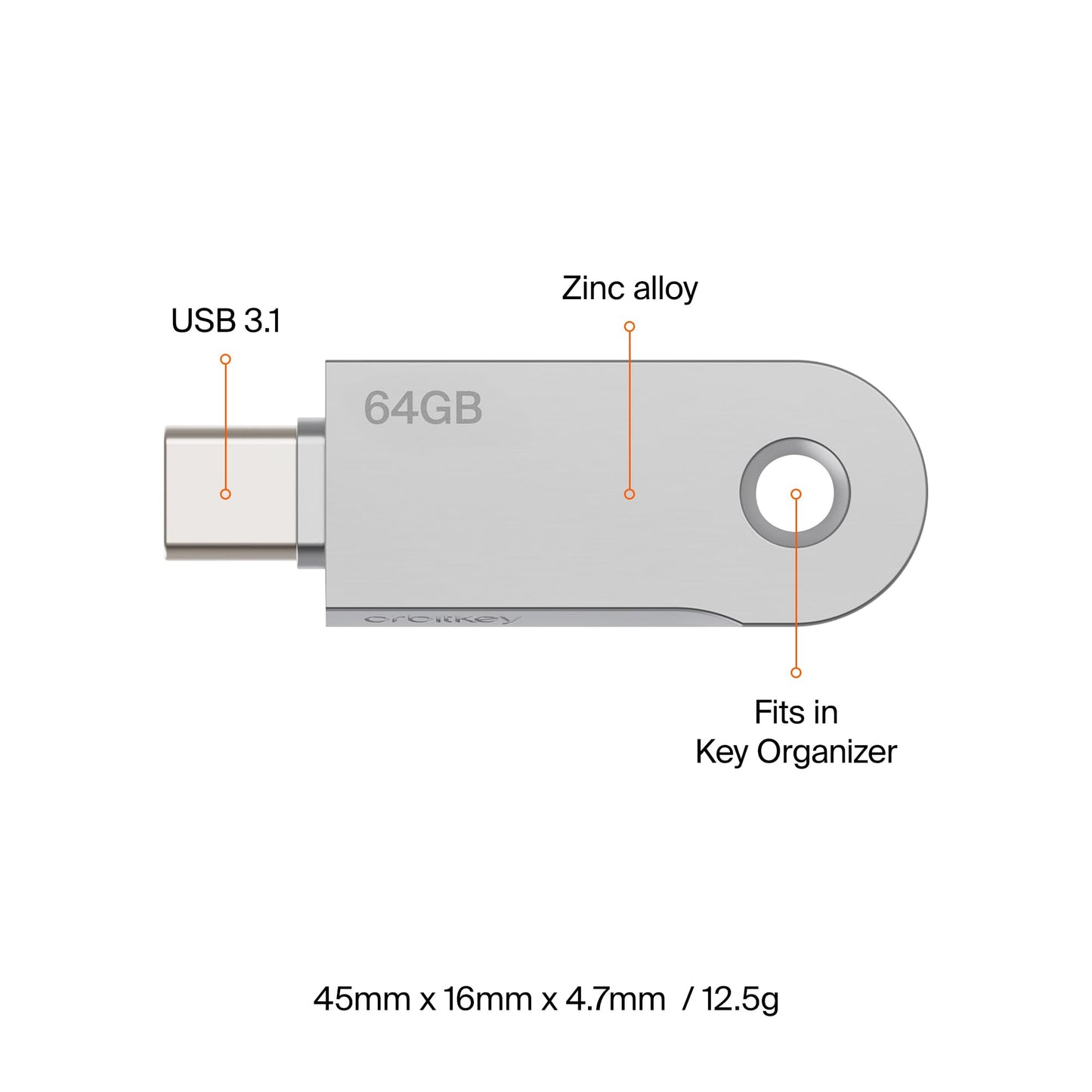 Orbitkey USB-C | Thumb Drive with Fast Transfer Chip | Slim Profile Compatible with Orbitkey Key Organizer & Key Ring