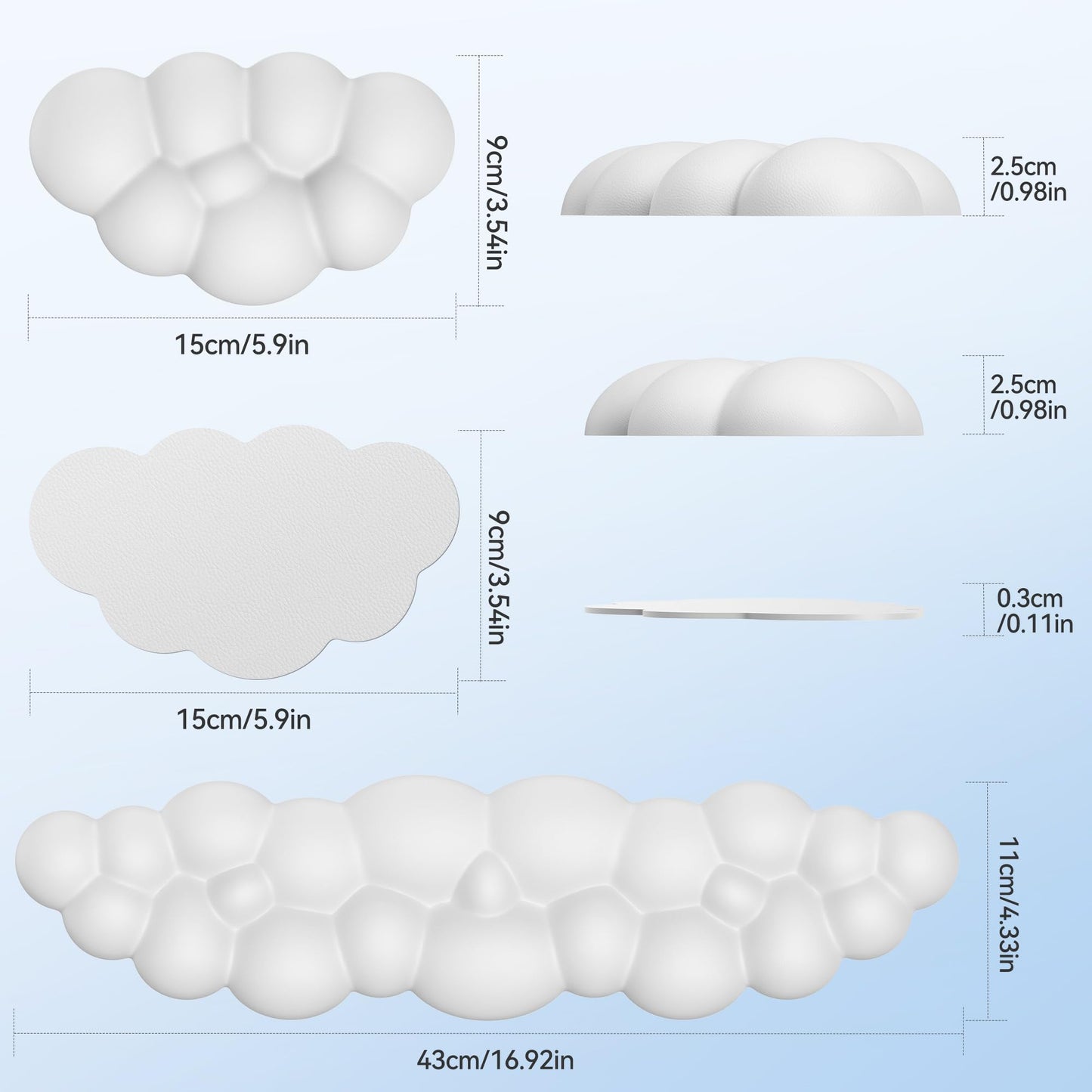 TECKNET Cloud Tastatur-Handgelenkauflage-Set, Cloud-Handgelenkauflage mit rutschfester Unterseite, Handgelenkauflage aus PU-Leder mit ergonomischem Memory-Schaum für Computer, Laptop, Büro, Gaming und Schmerzlinderung, Weiß