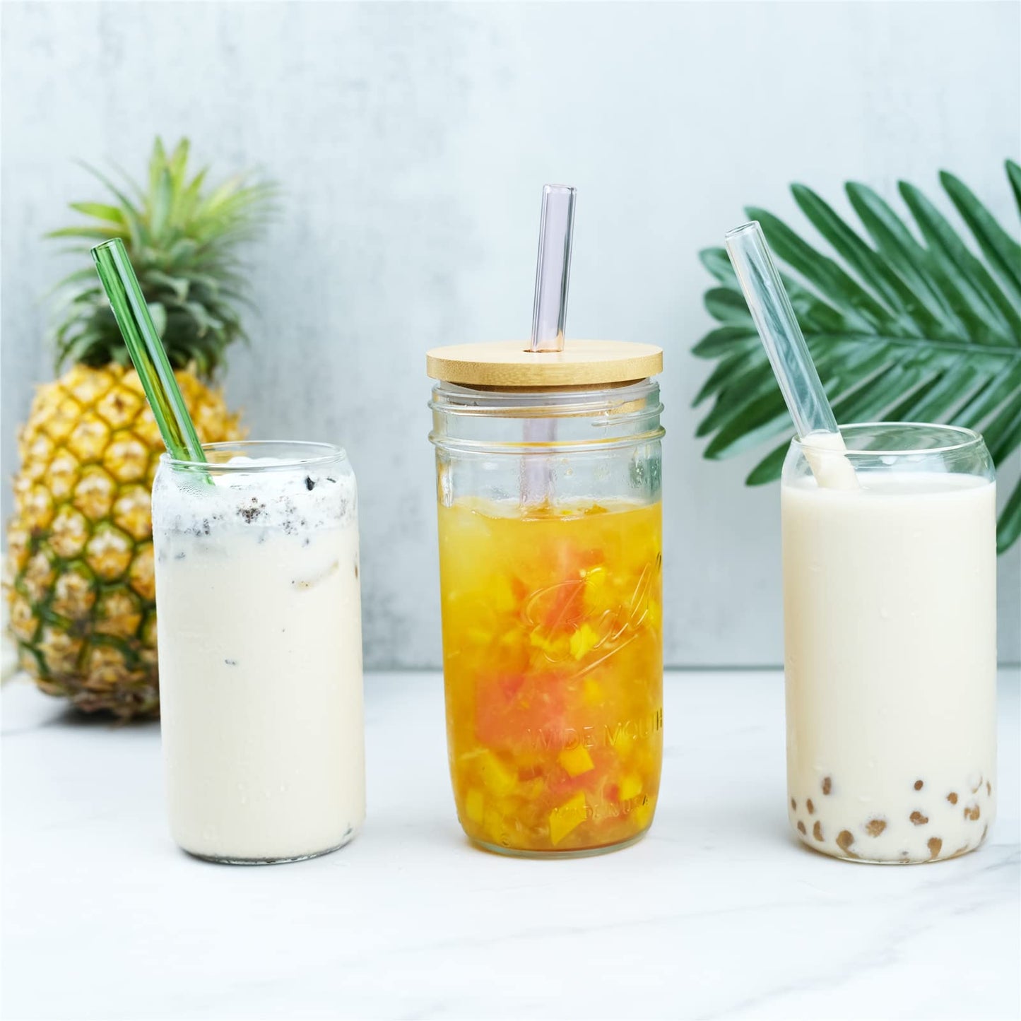 RENYIH 10 Pcs Reusable Glass Smoothie Straws,9''x12 mm Glass Drinking Straws for Milkshakes, Tea, Juice,Set of 5 Straight and 5 Bent with 2 Cleaning Brushes -Dishwasher Safe(Colorful)