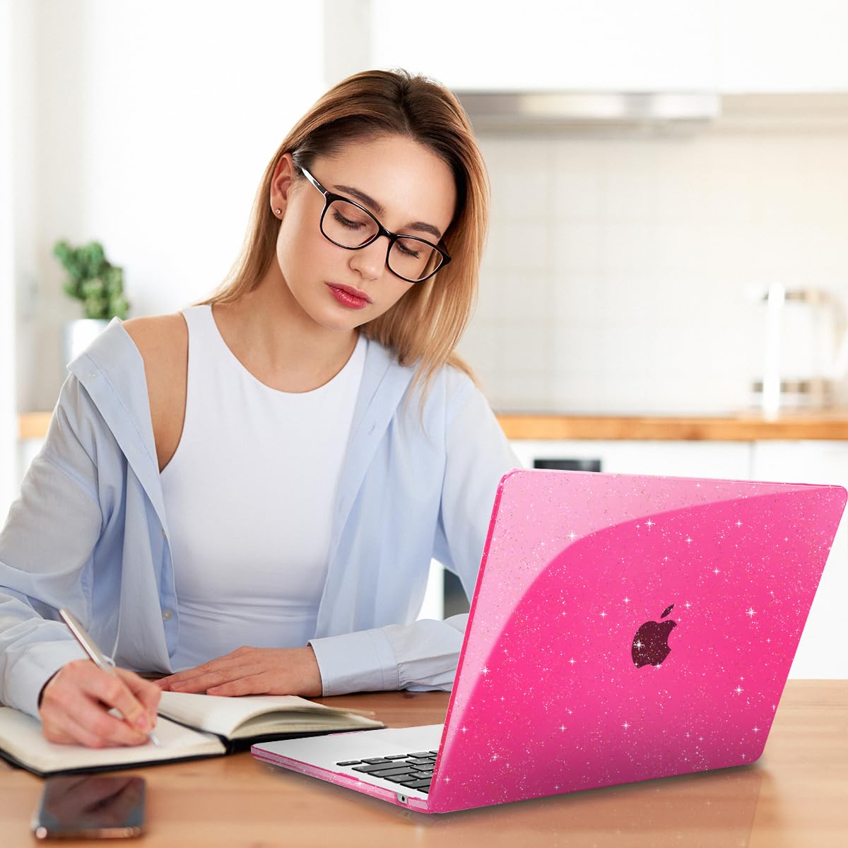 Teryeefi Glitter Case for MacBook Air 13 Inch M4 M3 M2 Chip Release 2022-2024 2025 fits Model A2681/A3113/A3240, Hard Shell Case with Keyboard Cover for MacBook Air 13.6 inch, Sparkly Rose Pink