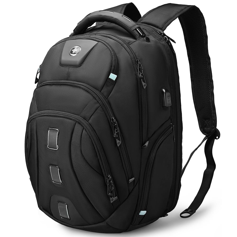 Swissdigital Design Men's Travel Laptop Backpack, Large Capacity TSA Friendly USB Charging RFID Protection Backpack for College and Business, Fits 17" Laptops Black | SD1644FB-01