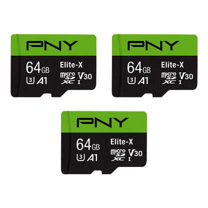 PNY 64GB Elite-X Class 10 U3 V30 microSDXC Flash Memory Card, 3 Count (Pack of 1) - 100MB/s, Class 10, U3, V30, A1, 4K UHD, Full HD, UHS-I, Micro SD