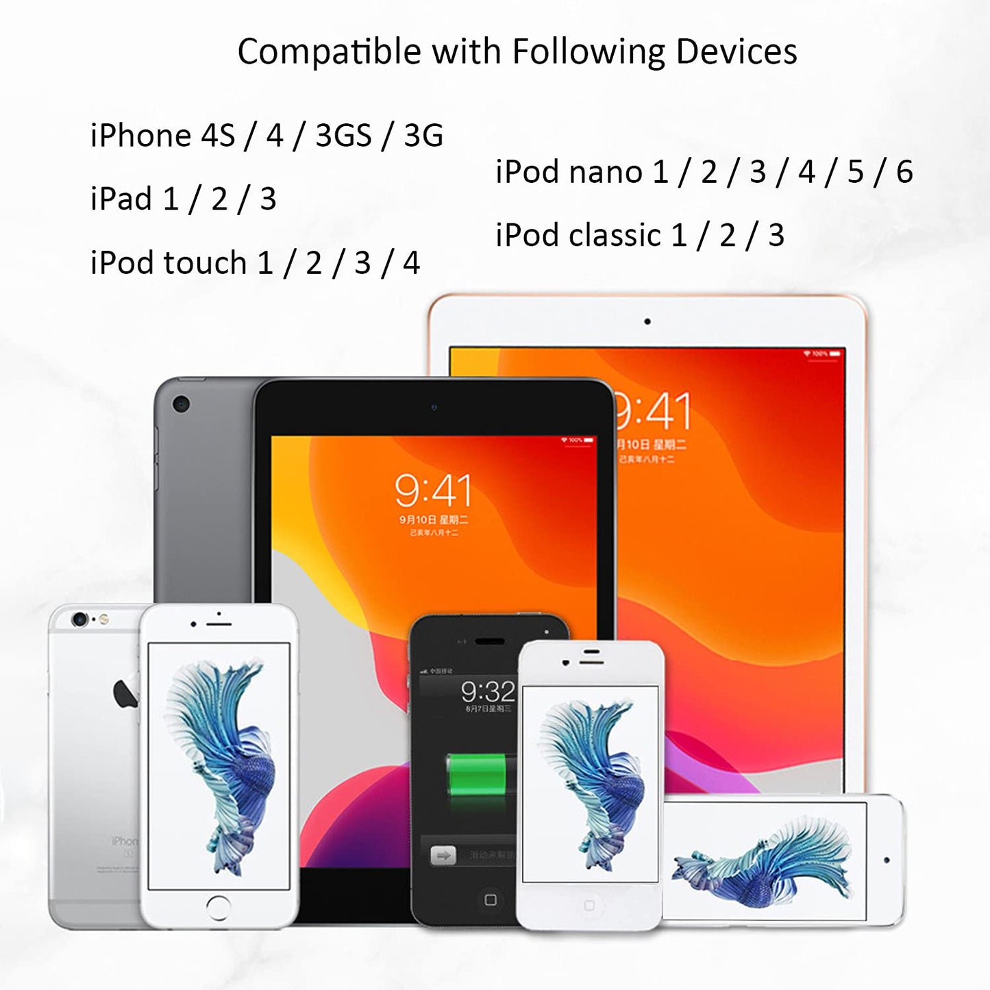 Pocxwa Charger Cable Compatible with Old iPhone 4 4S 3GS, Old iPad 1st 2nd 3rd Generation, iPod Classic 1st 2nd 3rd Gen, iPod Nano 5th 6th Gen, USB Fast Charge & Sync Charging Cord 1-Pack