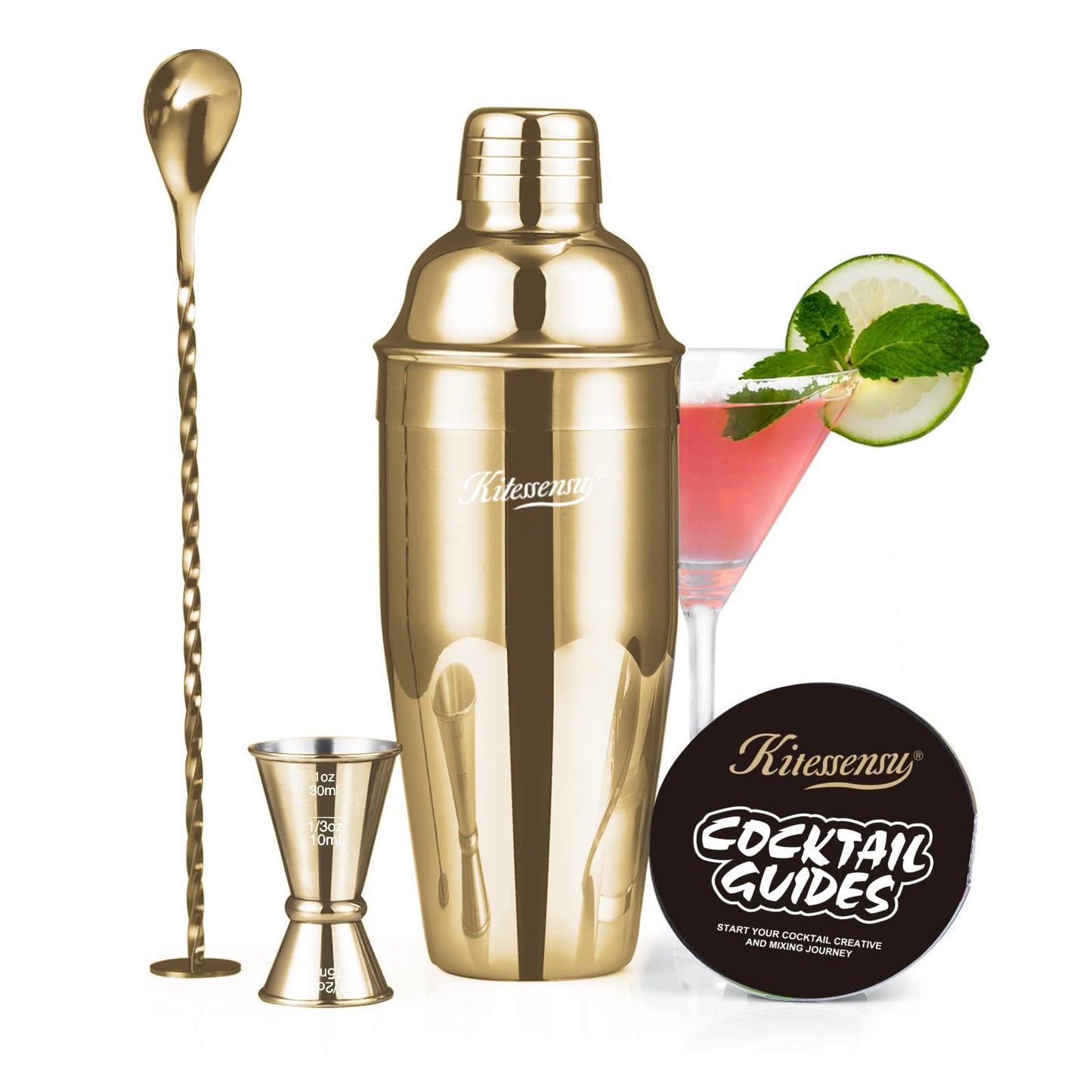 Cocktail Shaker, KITESSENSU 24oz Drink Shaker with Bartender Strainer, Measuring Jigger, Bar Mixing Spoon, Cocktail Recipe Guide, Professional Drink Mixer Set for Beginners, Silver