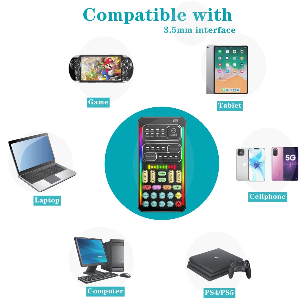 Portable Voice Changer, 2rd Generation i9 Live Sound Card, Cool Lights Sound Board - Voice Disguiser/Modulator for PS4/PS5/Xbox One/PC/Phone/Laptops with Adjustable Voice Functions