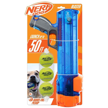 Nerf Dog Tennisball-Blaster Hundespielzeug-Geschenkset, Tennisball-Apportierspielzeug für Hunde, wirft bis zu 15 Meter weit, Hundeballwerfer für alle Rassen, inklusive durchscheinend blauem Tennisballwerfer und 3 Hundetennisbällen