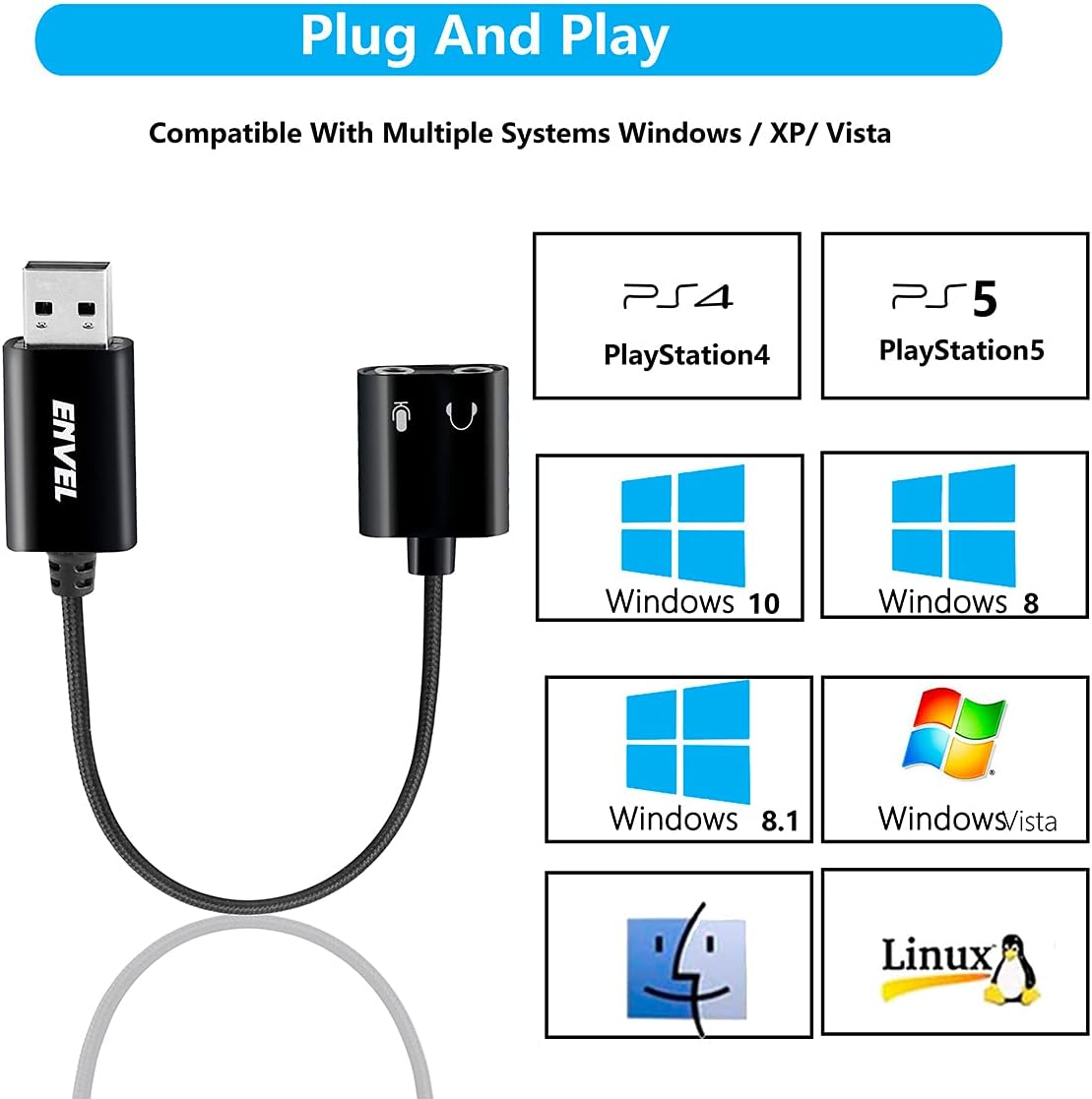 ENVEL USB-auf-3,5-mm-Audioadapter, Aux-auf-USB-Stereo-Soundkarte mit zwei TRS-3-poligen 3,5-mm-Kopfhörer- und Mikrofonbuchsen für PS4/PS5/PC/Laptop, Kopfhöreradapter mit integriertem Chip (Schwarz Pro) 
