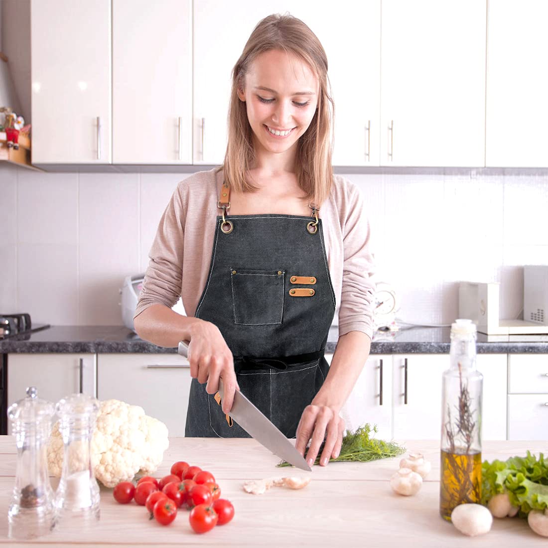 ZOMAO Kochschürze, Baumwoll-Canvas-Schürze mit gekreuztem Rückenteil und Taschen für Damen und Herren, verstellbare Träger und große Taschen, Küchenschürze zum Kochen und Backen 