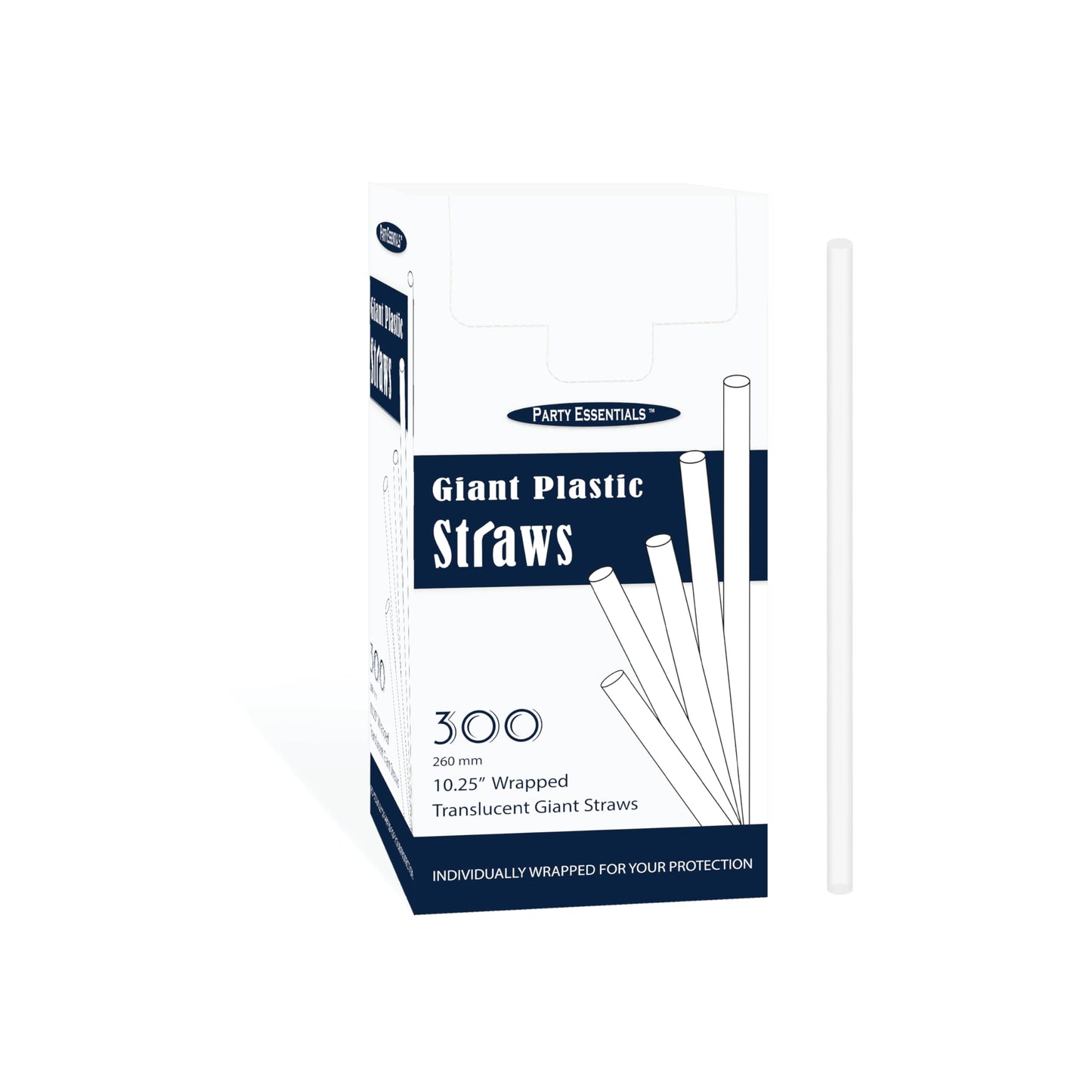 Party Essentials Disposable Plastic Drinking Straws, 10.25" Giant/300 Count, Individually Wrapped Clear