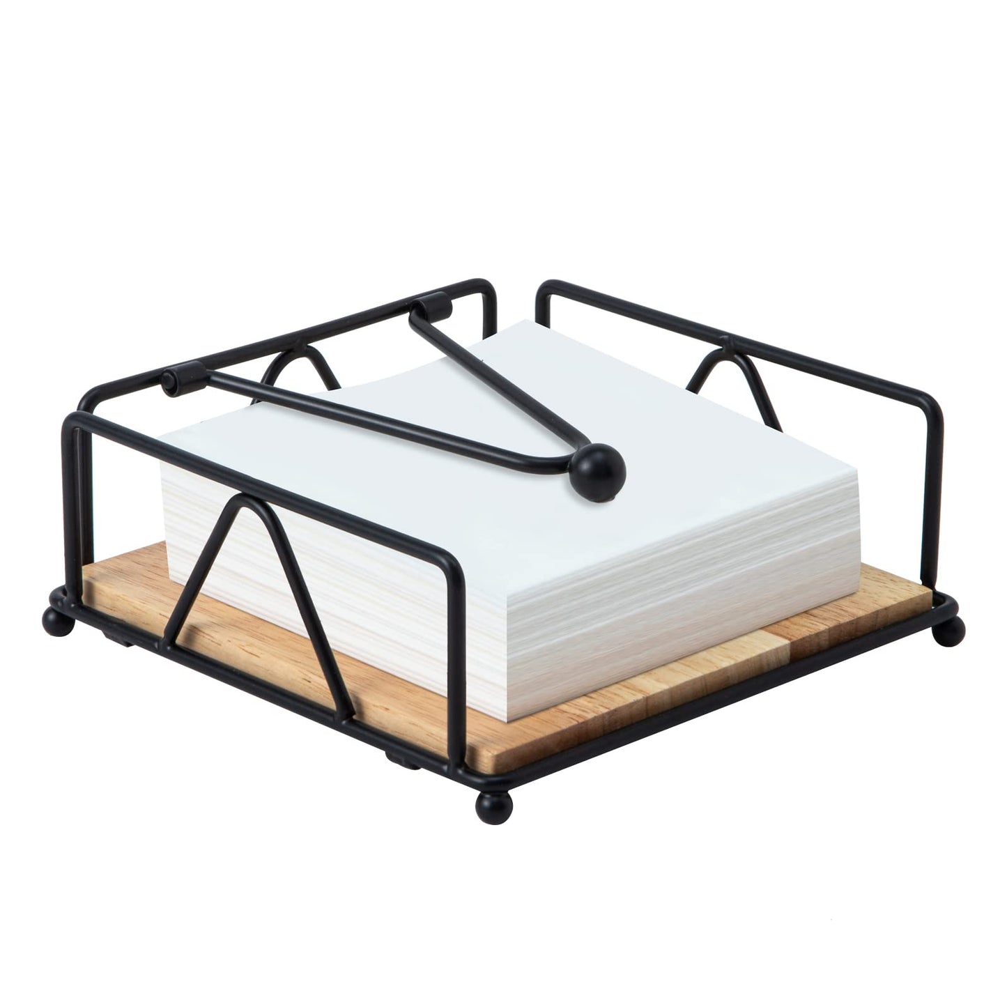 Square Napkin Holder - Durable Table Napkin Dispenser with Weighted Arm, Metal Napkin Storage with Wooden Base, Farmhouse Napkin Holder for Table, Kitchen and Countertops (Black)