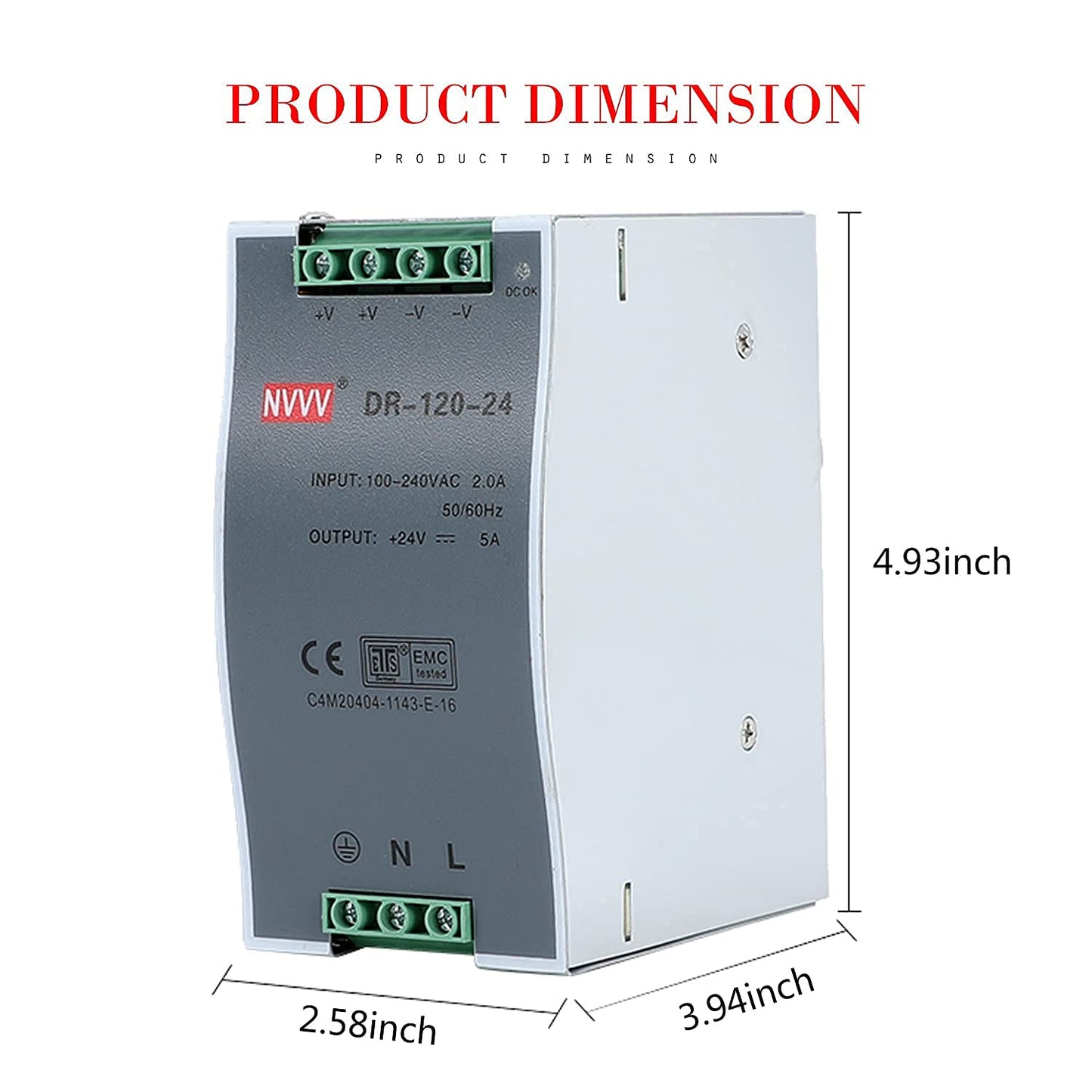 Nvvv Dr-120-24 Ac to Dc Din-Rail Power Supply, 24v, 5 Amp, 120w, Operating Temp, Overload Protection, Metal, Silver+Grey