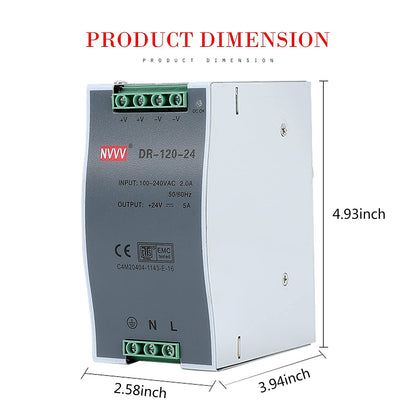 Nvvv Dr-120-24 Ac to Dc Din-Rail Power Supply, 24v, 5 Amp, 120w, Operating Temp, Overload Protection, Metal, Silver+Grey