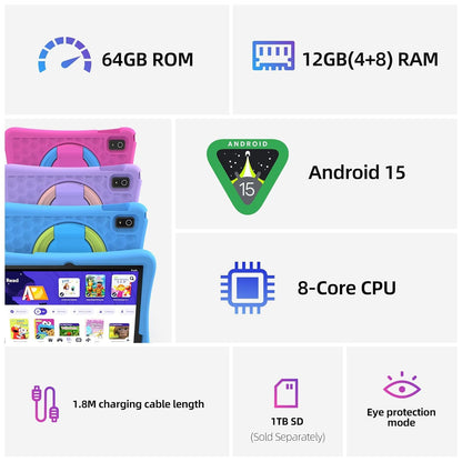 Plimpton 2025 – Verbessertes Kinder-Tablet, 10-Zoll-Android-15-Tablet mit Schutzhülle, Octa-Core-Prozessor, Google Kids Space, Kindersicherung, 4 GB RAM + 64 GB Speicher, WLAN, Bluetooth 5.3, YouTube – ideales Geschenk für Kleinkinder