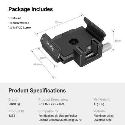 SMALLRIG SSD Mount Bracket SSD Holder for Samsung T5/T7 SSD, SanDisk SSD, SanDisk SSD T5/T7, Compatible Cage for BMPCC 6K Pro - 3272