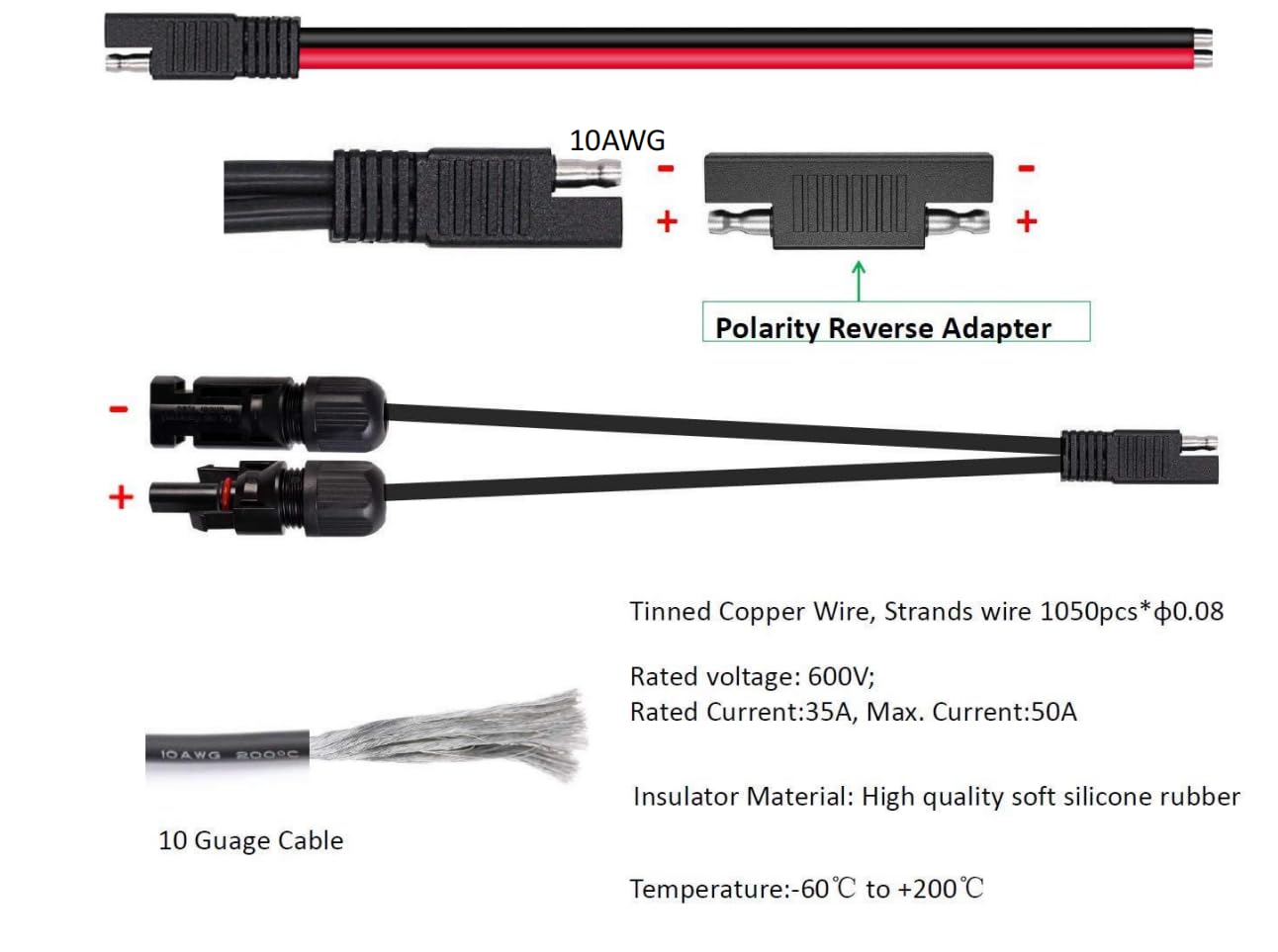 Solar Panel Connectors 10AWG Compatible with MC-4 Solar Connecter to SAE Adapter PV Extension Cable Wire for RV Caravan Solar Panels Battery Charger kit with Two SAE to SAE Polarity Reverse Adapters