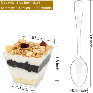 Colovis Mini Dessert Cups, 100 CT 2oz Clear Plastic Parfait Appetizer Cups with Spoons Mini Square Dessert Bowls for Serving, Tasting (100)