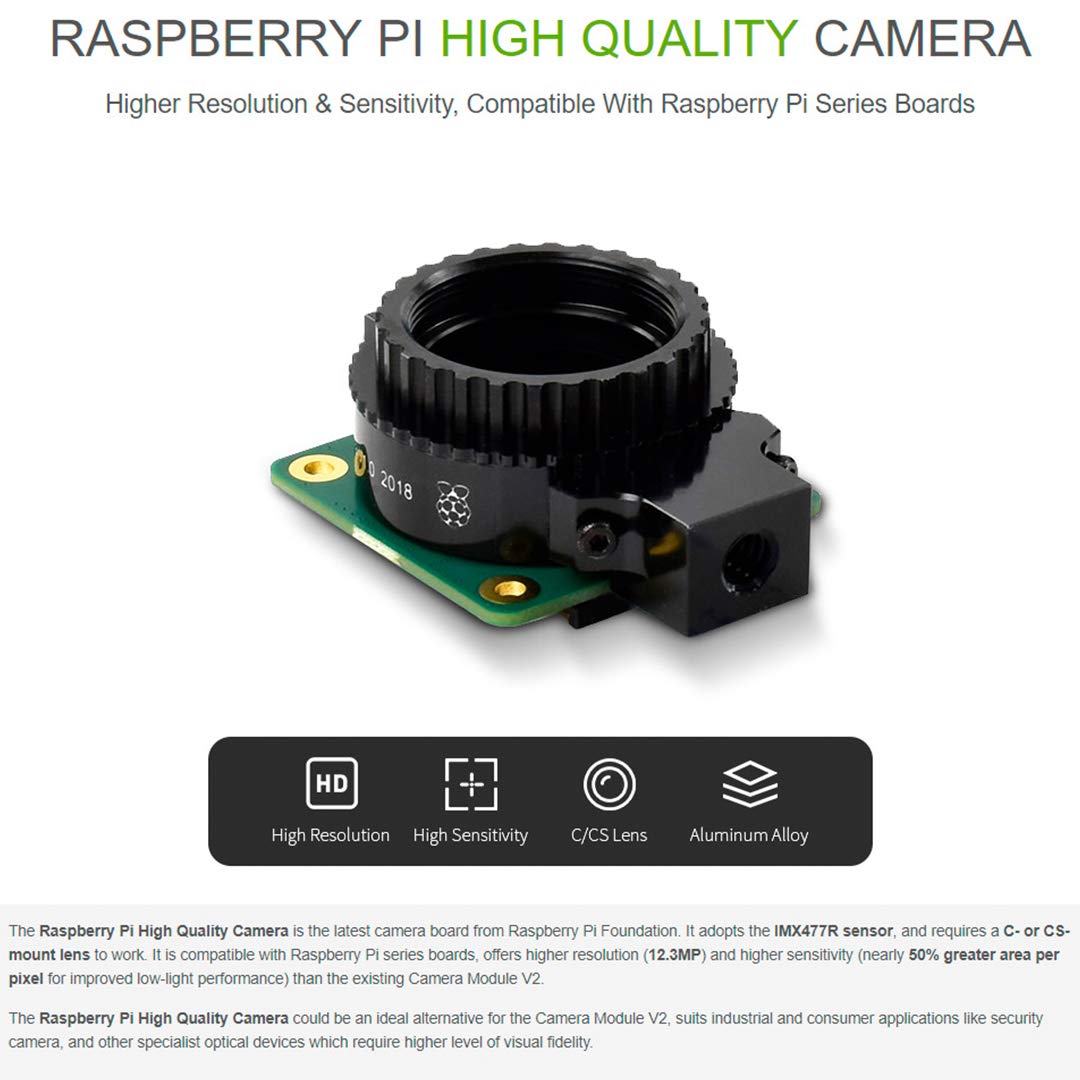 Raspberry Pi HQ Camera Module with Case for Raspberry Pi 4B/3B+/3B/2B/A+/Zero/W/Zero WH,12.3MP IMX477 Sensor Support C- and CS-Mount Lenses, Alternative for Raspberry Pi Camera Module V2 (8 Items)