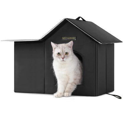 Rest-Eazzzy Outdoor Cat House, Feral Cat House Insulated with Mat and Clip, Weatherproof and Insulated, Cat Beds for Cats Kittens Puppies, Never Blow Away (Black, M 13" X 17" X 20")
