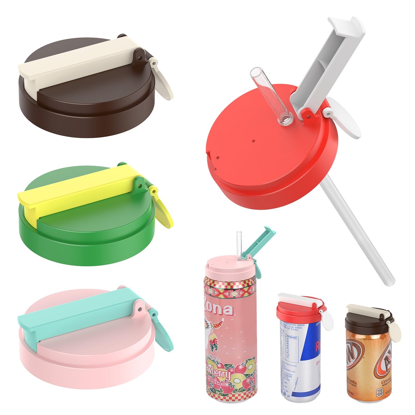 Soda Can Lids with Straw, 4-Pack Can Covers for Soda with Reusable BPA-Free, Spill-Proof & Airtight Seal, Easy to Use, Fits for S/M/L Sizes Cans for Soda, Beer, Juice, Seltzer