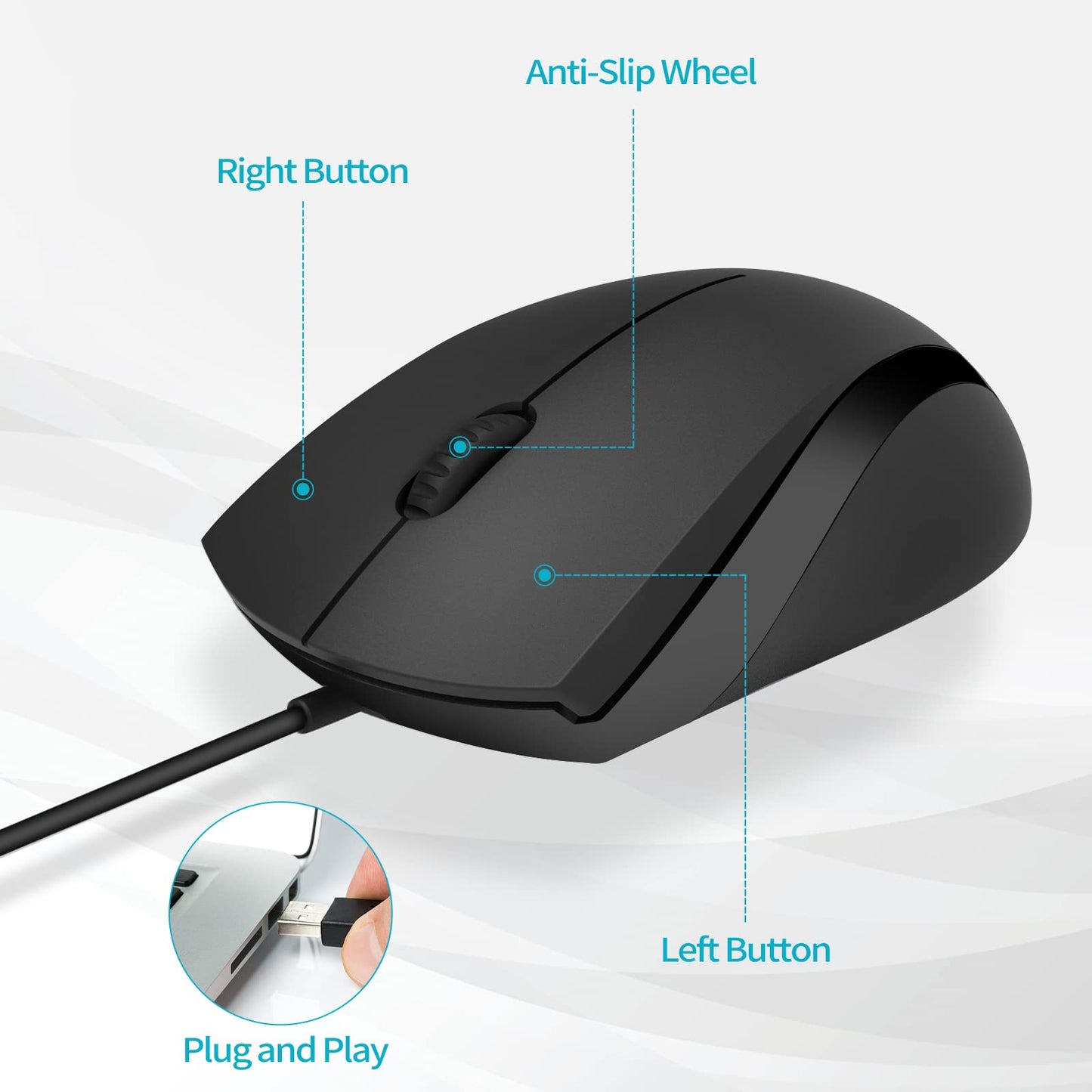 Rapoo Silent Wired Mouse, 1000 DPI 5ft Cord Quiet Button Optical Computer Mouse, Left Right Hand Use, for Laptop Chromebook Mac Notebook, Matte Black