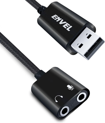 ENVEL USB-auf-3,5-mm-Audioadapter, Aux-auf-USB-Stereo-Soundkarte mit zwei TRS-3-poligen 3,5-mm-Kopfhörer- und Mikrofonbuchsen für PS4/PS5/PC/Laptop, Kopfhöreradapter mit integriertem Chip (Schwarz Pro) 