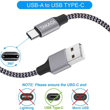 TAKAGI USB-auf-USB-C-Kabel (3er-Pack, 1,8 m) – Schnellladekabel mit Nylonummantelung für Datenübertragung und Synchronisierung – USB-C-Ladegerät für iPhone 17 Pro Max/17 Air/16e/16/15 Pro/15 Plus/Galaxy S20/S10/Note 20
