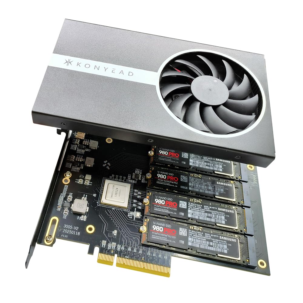 Quad PCIe4.0 NVMe M.2 SSD Adapter Card-PCI Express 4.0 x8 Card Support 4X M.2 NGFF PCIe NVMe SSD for Mac & PC (IX8024 Switch)-Support Non-Bifurcation Motherboard(3005K)