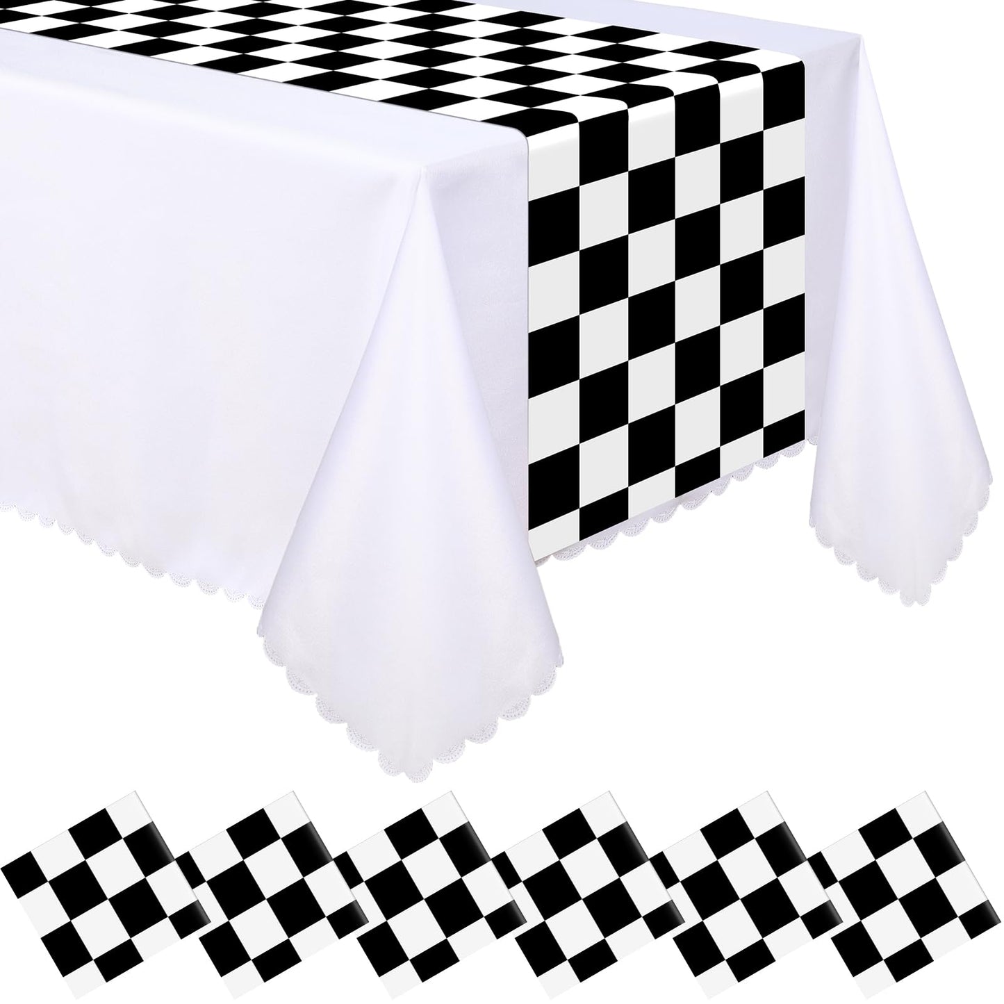 Preboun 6 Pcs Plastic Checkered Table Runner 14 x 108 Inch Racetrack Road Table Runner for Two Fast Car Theme Birthday Racing Party Decor Events Supplies (Black White Checkered)