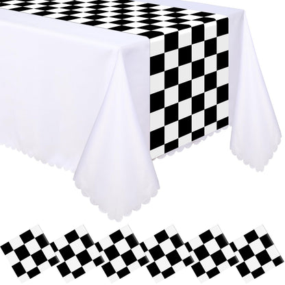 Preboun 6 Pcs Plastic Checkered Table Runner 14 x 108 Inch Racetrack Road Table Runner for Two Fast Car Theme Birthday Racing Party Decor Events Supplies (Black White Checkered)