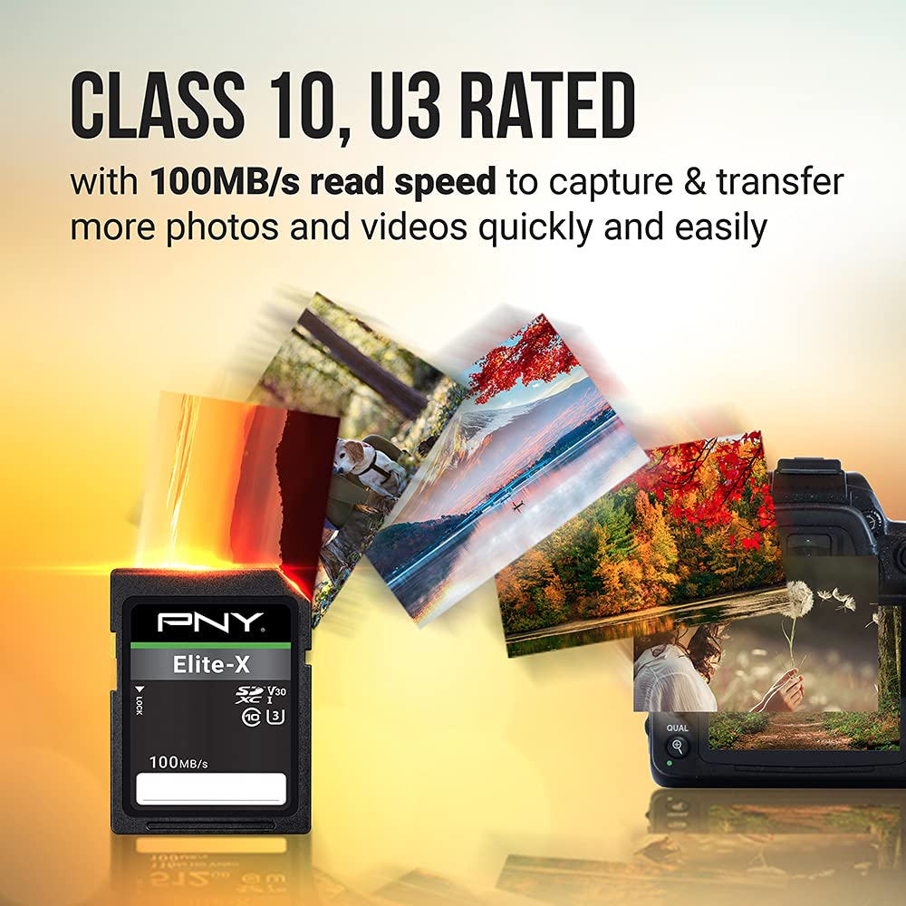 PNY 128GB Elite-X Class 10 U3 V30 SDXC Flash Memory Card - 100MB/s, Class 10, U3, V30, 4K UHD, Full HD, UHS-I, Full Size SD (Pack of 2)