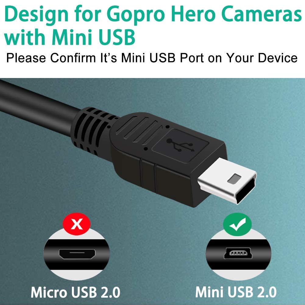 Mini USB Cable for GoPro Hero 4, 3, 2, 1-3ft Camera Data Sync and Charging Cord, USB A to Mini B Fast Charger Cord for Gopro Hero 3+ Silver Black White