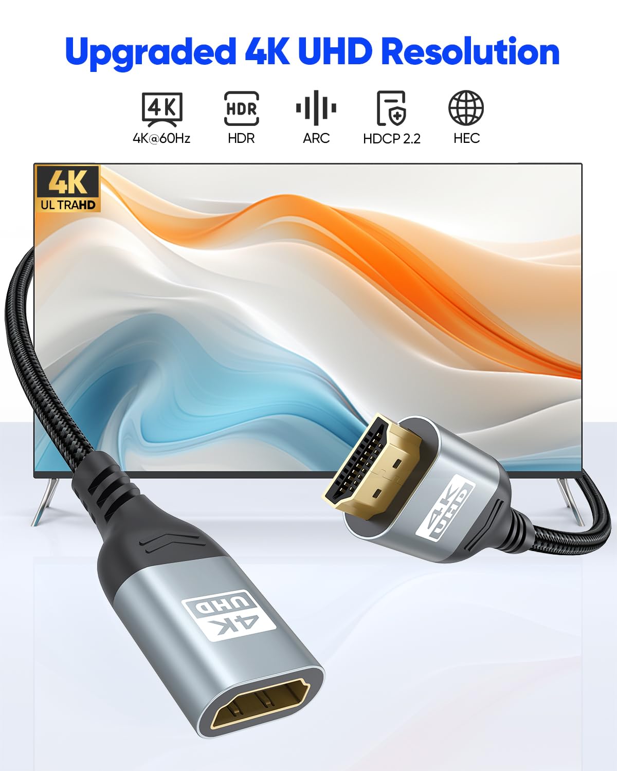 ZeniKon 4K HDMI Extender Cable 3FT HDMI Extension, High Speed HDMI Male to Female Adapter Supports ARC, HDR, 3D, HDCP 2.2 Compatible with Fire TV Stick, Roku Devices, PS5, Xbox, HDTV, Laptop