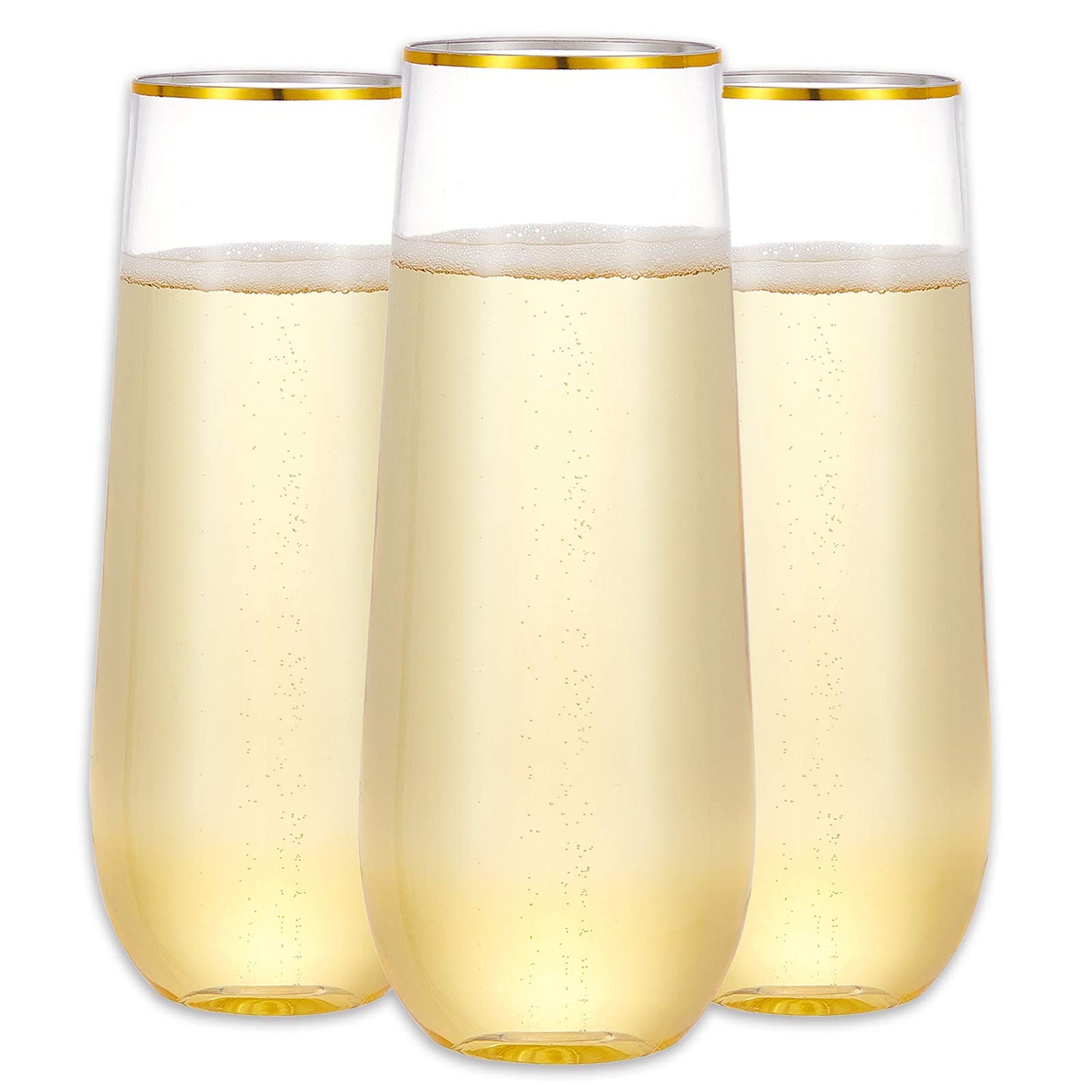 N9R 12PCS Plastic Champagne Flutes, 9 oz Stemless Disposable Gold Rim Toasting Glasses, Crystal Clear Cocktail Cups Drinkware Shatterproof Ideal for Party Wedding Birthday