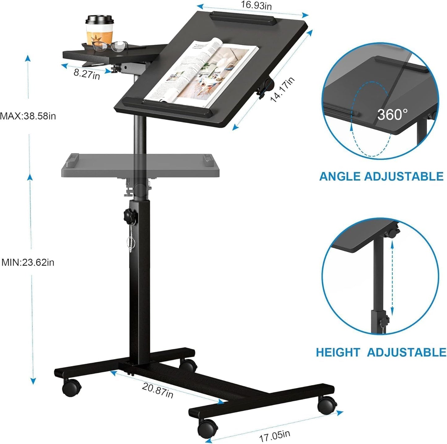 Panta Height Adjustable Rolling Laptop Stand, Overbed Table with 2 Tilting Desktops, Mobile Laptop Table for Couch with Cup Holder, Mobile Computer Workstation for Office, Home and Hospital