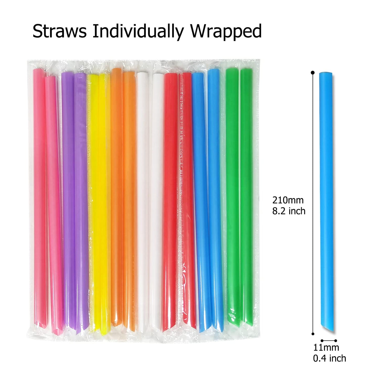 RENYIH 100 Pcs Smoothie Boba Individually Wrapped Straws, Jumbo Large Plastic Disposable Bubble Tea Milkshake Colorful Drinking Straws(0.43" Wide X 8.2" Long)