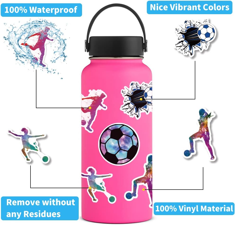 Soccer Stickers |100 Pcs Soccer Waterproof Vinyl Decals for Water Bottles Laptop Car Luggage Cup Computer Mobile Phone Skateboard Decor