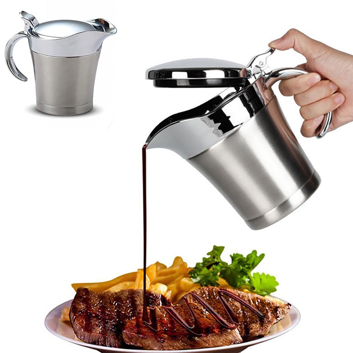 Stainless Steel Insulated Gravy Boat with Lid - 450ML/16OZ Double Insulated Gravy Pitcher for Hot & Cold Sauces - Sauce Jug with Hinged Lid, Ideal for Gravy or Cream at Thanksgiving, Gravy Pitcher