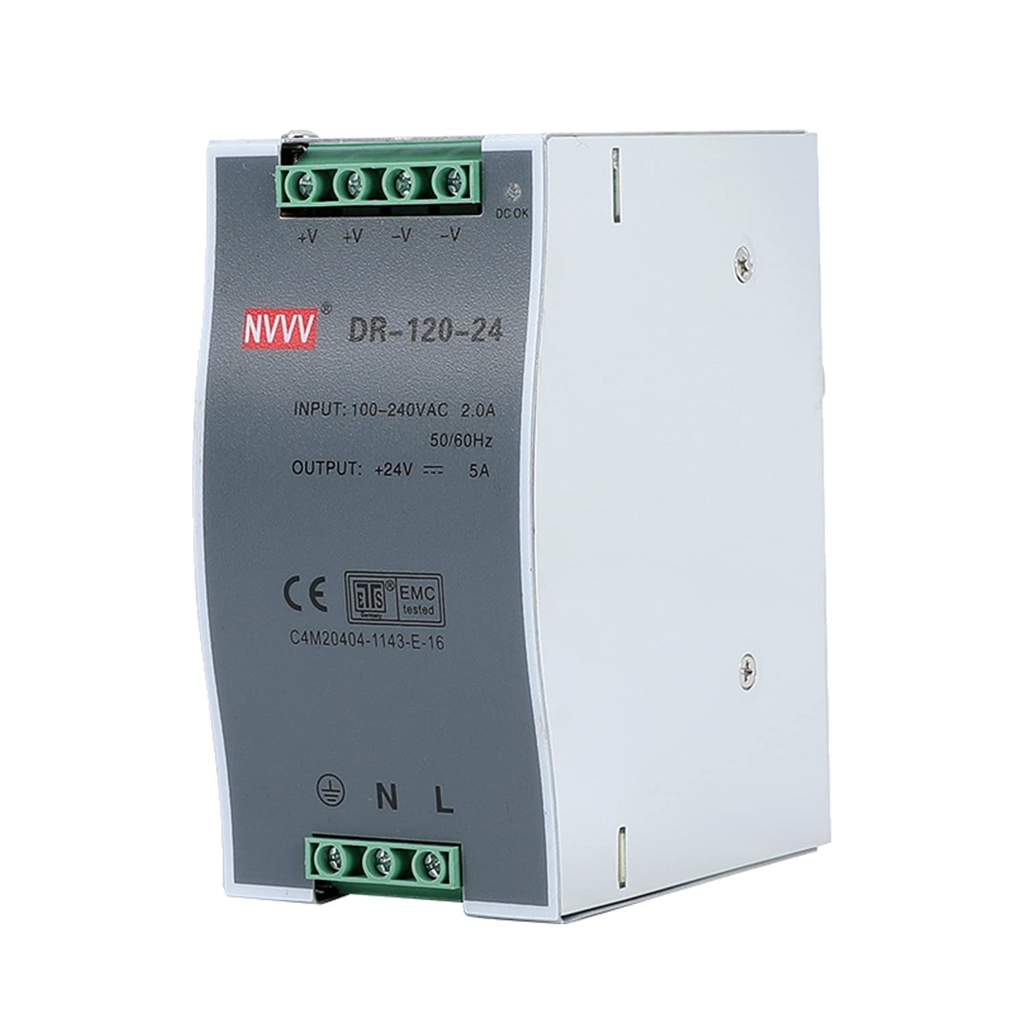 Nvvv Dr-120-24 Ac to Dc Din-Rail Power Supply, 24v, 5 Amp, 120w, Operating Temp, Overload Protection, Metal, Silver+Grey