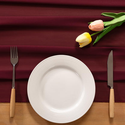 Socomi Tischläufer aus burgunderrotem Chiffon, Herbst-, Thanksgiving-, Boho- und rustikaler Stil, 3 m (29 x 120 Zoll), Hochzeitsläufer, transparent, Brautparty-Dekoration