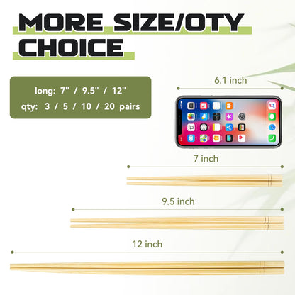 9.5 Inch X 5 Pairs Chopsticks,Reusable,Simplea and Minimalistic Design,More Size Choices 7"/9.5"/12"