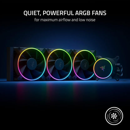 Razer Hanbo Chroma RGB All in One Liquid Cooler aRGB Pump Cap: AIO Design - Quiet, Powerful aRGB Fans - PWM Fan Controller Support - Intel LGA 115X Series, 2011, 1200, 1700, AM5 Compatible - 360MM