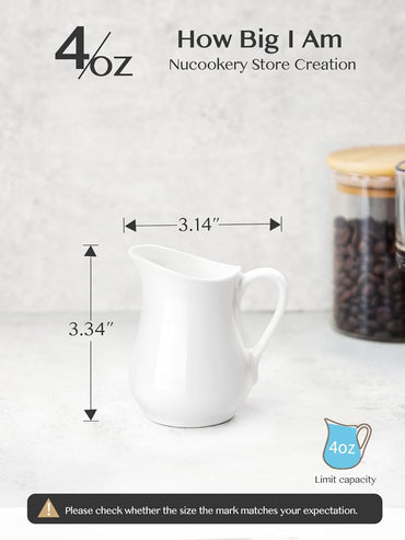 Nucookery Ceramic 4 Oz Creamer Pitcher Set, 2 Pack Creamer Container, White Small Milk Pitcher Container Cups with Handle For Sauces Salad Coffee Milk, Microwave & Freezer Safe, Set of 2