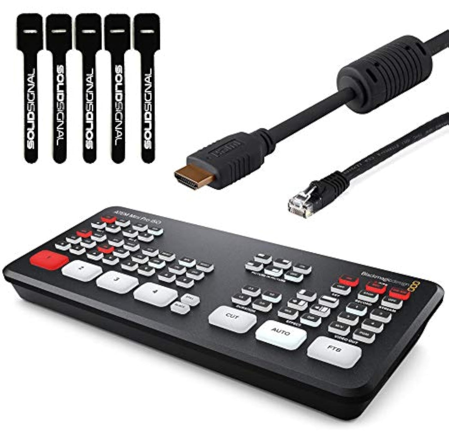Blackmagic Design ATEM Mini Pro ISO HDMI Live Stream Switcher Bundle mit 6' HDMI-Kabel, 7' Cat5e-Kabel und 5er-Pack SolidSignal Kabelbindern (SWATEMMINIBPRISO) 