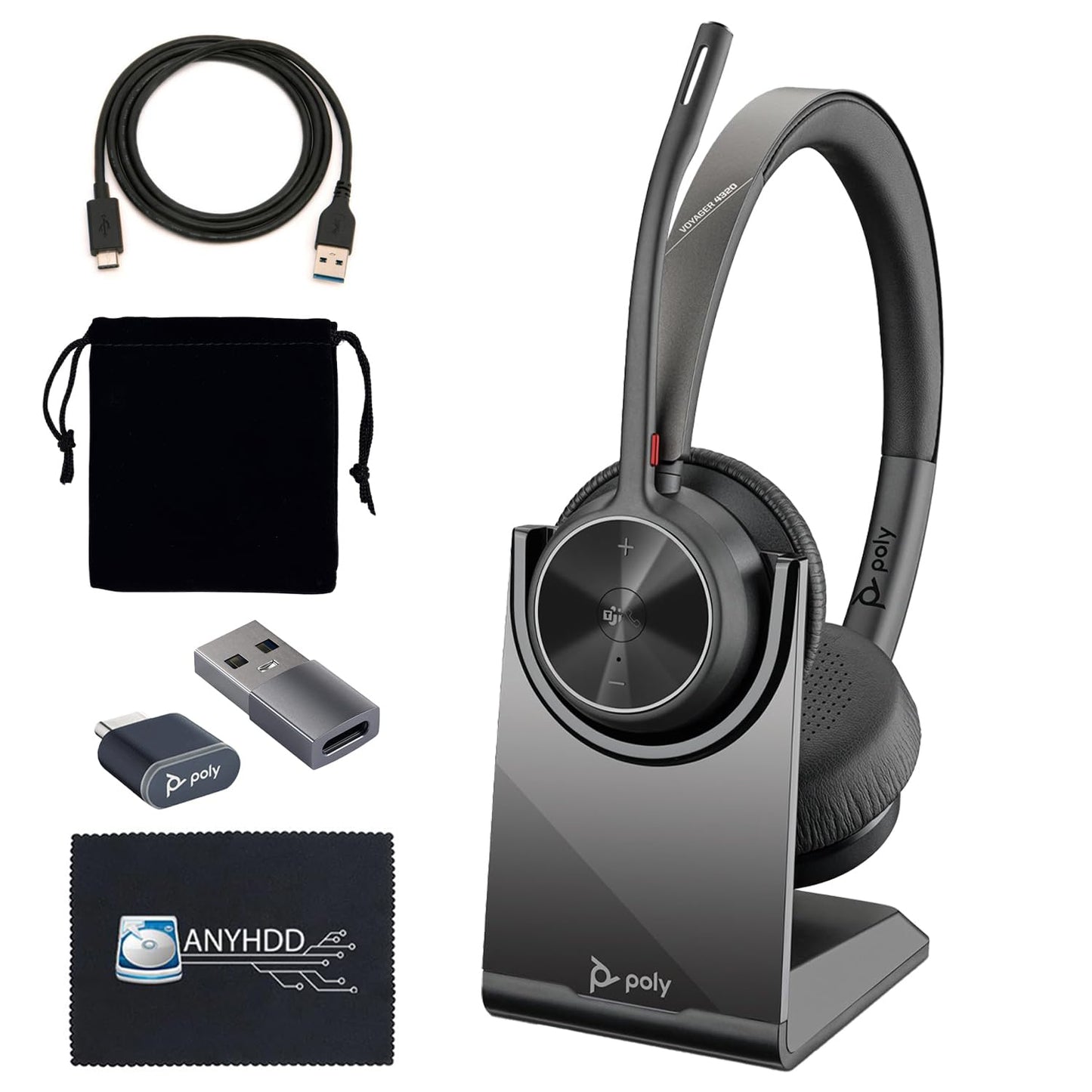 Poly Voyager 4320 UC Kabelloses Headset &amp; Ladestation – Stereo-Kopfhörer mit geräuschunterdrückendem Mikrofonarm + Ladestation + USB-C-auf-A-Adapter + USB-C-Dongle + USB-Netzkabel + Tasche + Mikrofasertuch