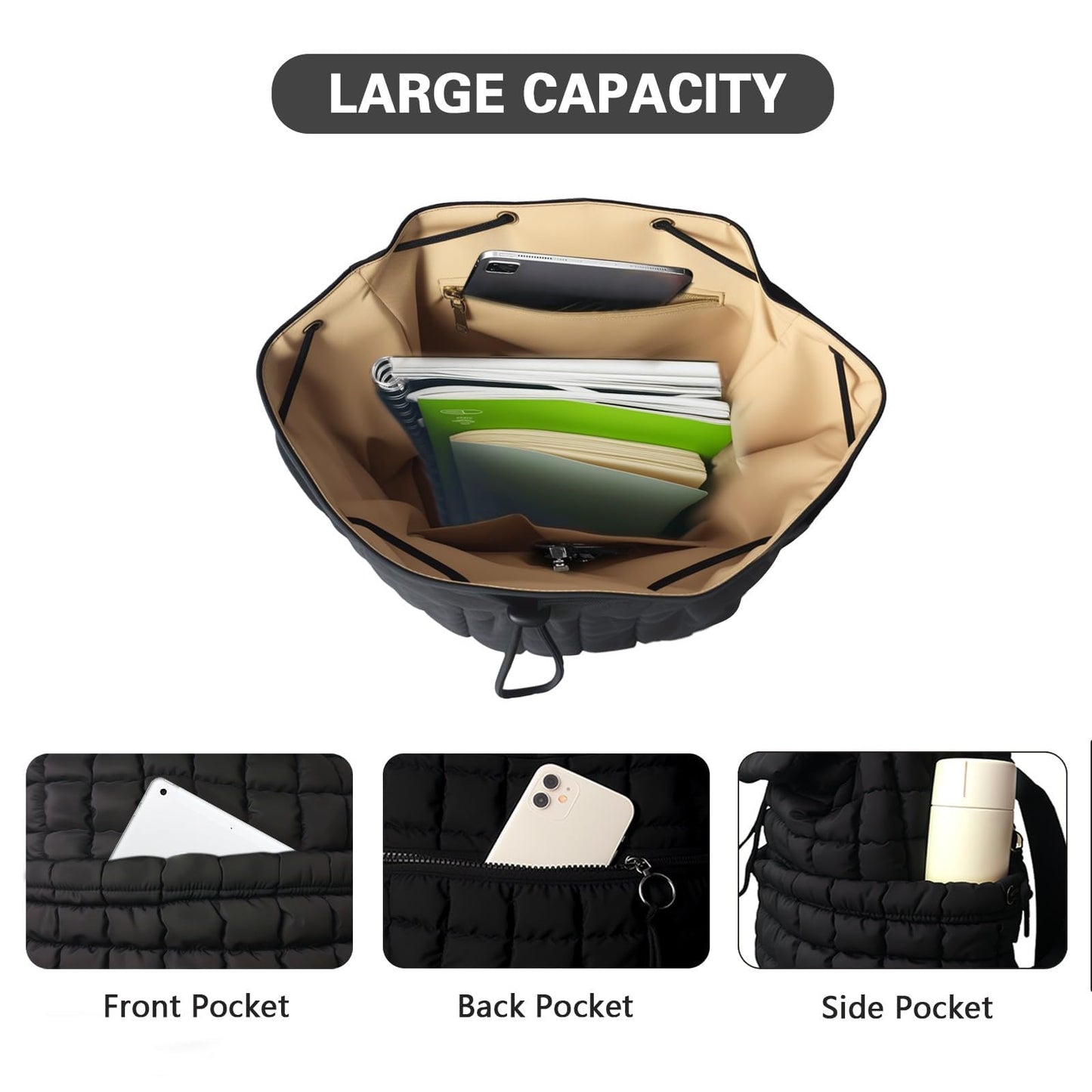 Schwarzer RCRZQ Puffer-Rucksack für Damen, leichter, gesteppter Laptop-Tagesrucksack mit Kordelzugverschluss und stilvollem Diebstahlschutz für Reisen