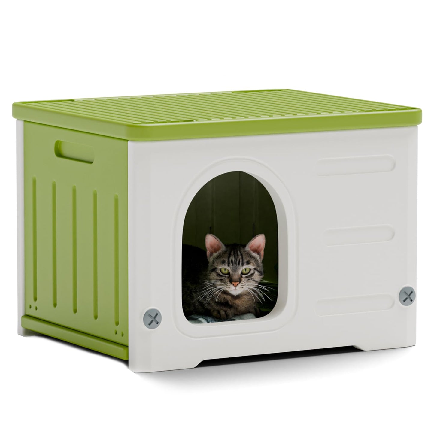 Plastic Cat House for Outdoor Indoor Use, Stackable Feral Cat Shelter Indoor Cat House Weatherproof Waterproof Elevated (Green)