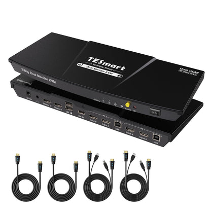 TESmart HDMI KVM Switch 2 Monitors 2 Computers 4K@60Hz, USB 2.0, Dual Monitor KVM Switch HDMI 2 Port Extended Display, EDID emulators, L/R Audio, Hotkey Switch, Button Switch with Input Cables